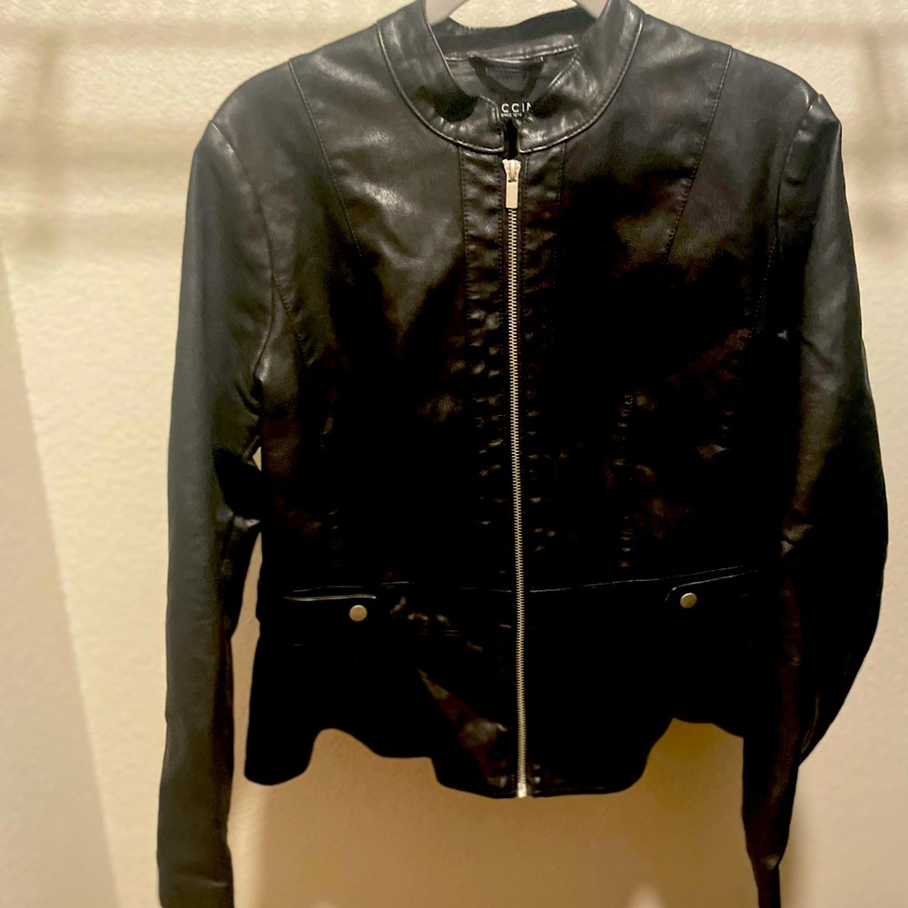 Black faux leather large peplum jacket